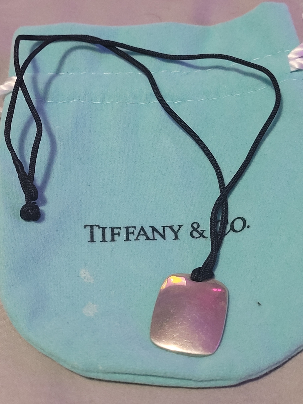 Tiffany & Co. Sterling Silver Square Pendant on Black Cord